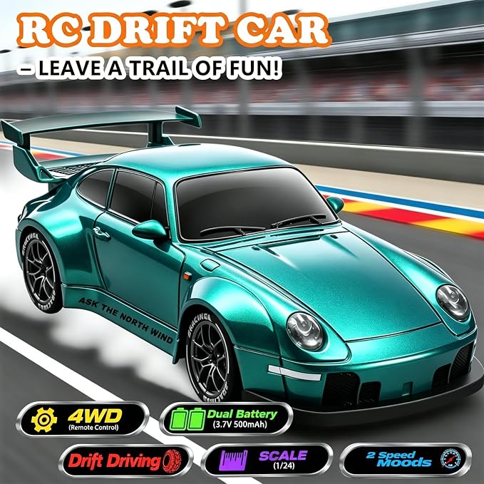 RC Drift Car, 1:24 Scale Remote Control Vehicle with LED Lights,Drifting Tires＆Two Batteries, Racing Sports Toy Idea Gift for Adults Boys Girls and Kids (Lake Blue)