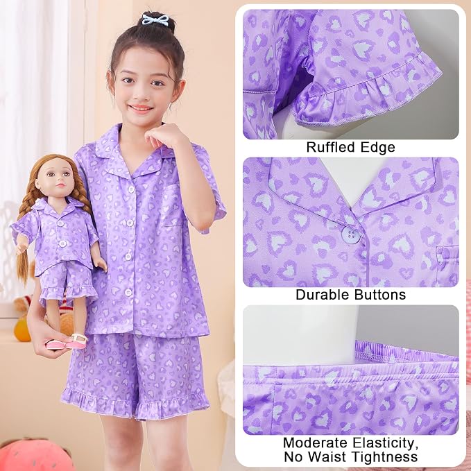 ICOSY Matching Doll & Girls Silk Pajamas Satin Pjs for Girls Button-Down Top and Shorts for 18" Doll Girl Clothes