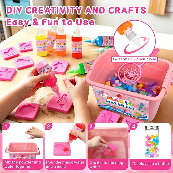 RYNZELA Magic Water Elf Toy Kit – Unicorn & Mermaid Aqua Gel Water Pets for Girls Ages 4–8, 20 Gels & 16 Molds – Easy to Color Gift with Magical Themes for Your Creative Little Princess