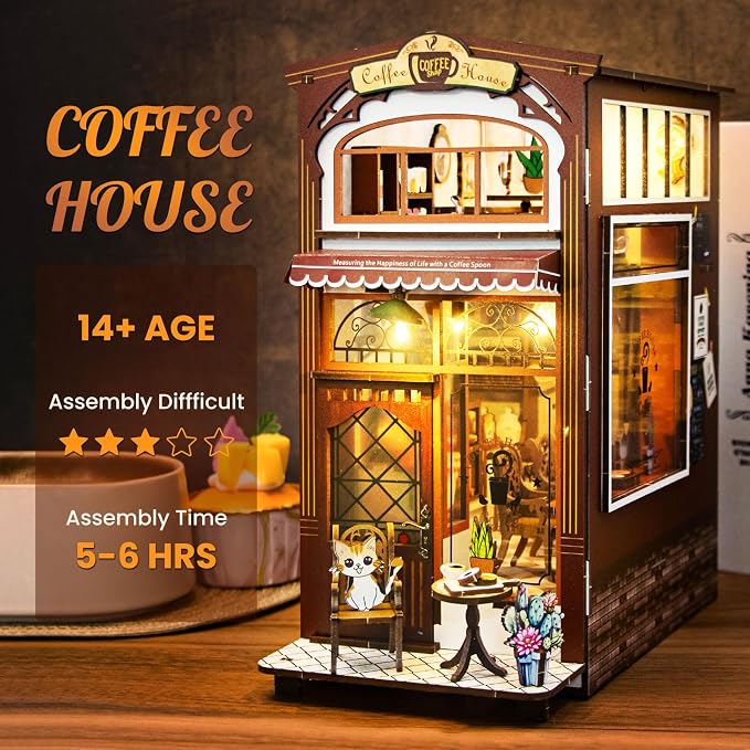 DIY Book Nook Kit - Dollhouses Café with LED - Miniature 3D Wooden Puzzle House Kit - Educational Toys forAdults and 14+ Teens Building
