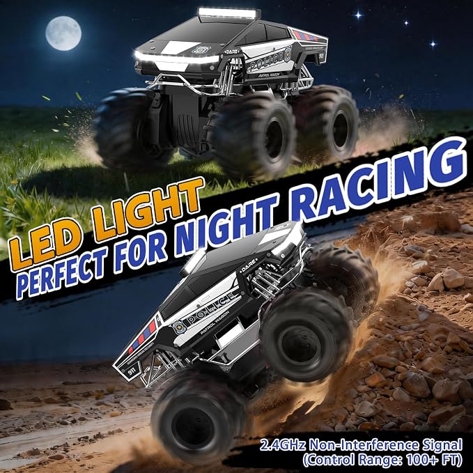 Qrytoi Police Cyber Remote Control Car, 1:18 Amphibious RC Car for Boys and Girls, 2.4GHz Waterproof Monster RC Car with 2 Rechargeable Batteries, Remote Control Truck Toys for Kids 6+