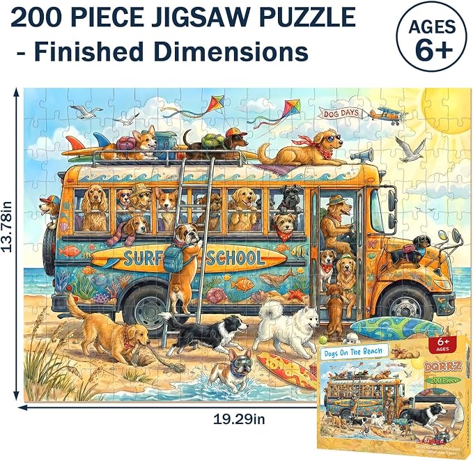 Puzzles for Kids Ages 6-8 8-10 10-12 - 200 Piece Jigsaw Puzzles for Kids Aged 6 to 12 - Dogs On The Beach Surf Fun Animal Puzzle - Colorful Children Puzzles for Girls and Boys Educational Toys
