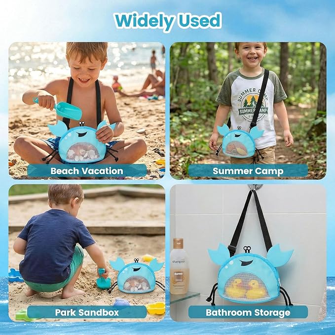 AMOR PRESENT Mesh Baby Beach Bag, Shell Collecting Bag with Shovel Crab-Shaped Adjustable Strap for Holding Shell Sea Pool Sand Toy, Blue
