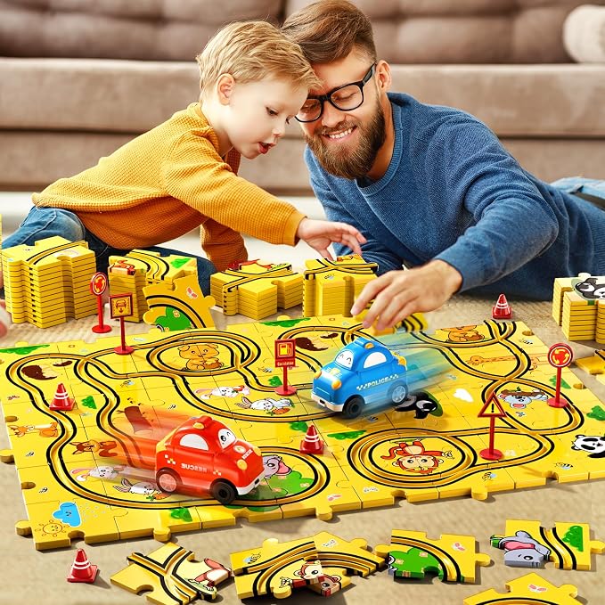 Bennol Puzzle Tracks Car Toys Gifts for 3 4 5 Year Old Boys 48PCS Puzzle Racer Cars Play Set for Kids Ages 3-5 4-6 Toys Gifts for 3 4 5 Year Old Boys Puzzle Racer Kids Car Track Set