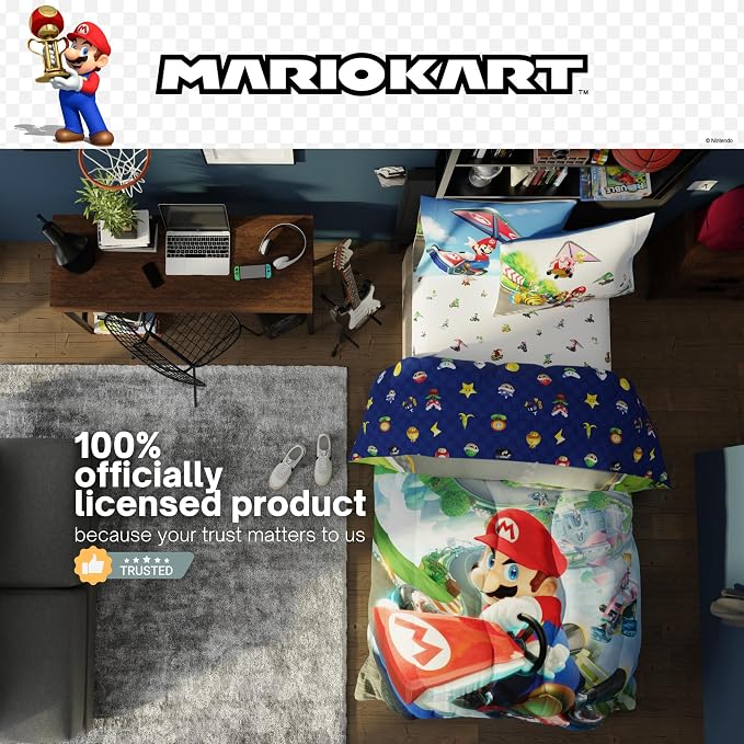 Super Mario Kart Game Kids Bedding Set, Twin Size, 4-Piece Super Soft Cozy Reversible Comforter & Sheet Set (Officially Licensed Product) by Franco