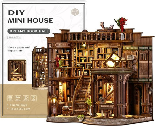 DIY Miniature House Kit,3D Wooden Puzzle Dollhouse Kit Retro Double-Decker Library Tiny House Model Kit to Build Bookend Decor,Gift for Adults Teens -Dreamy Book Hall