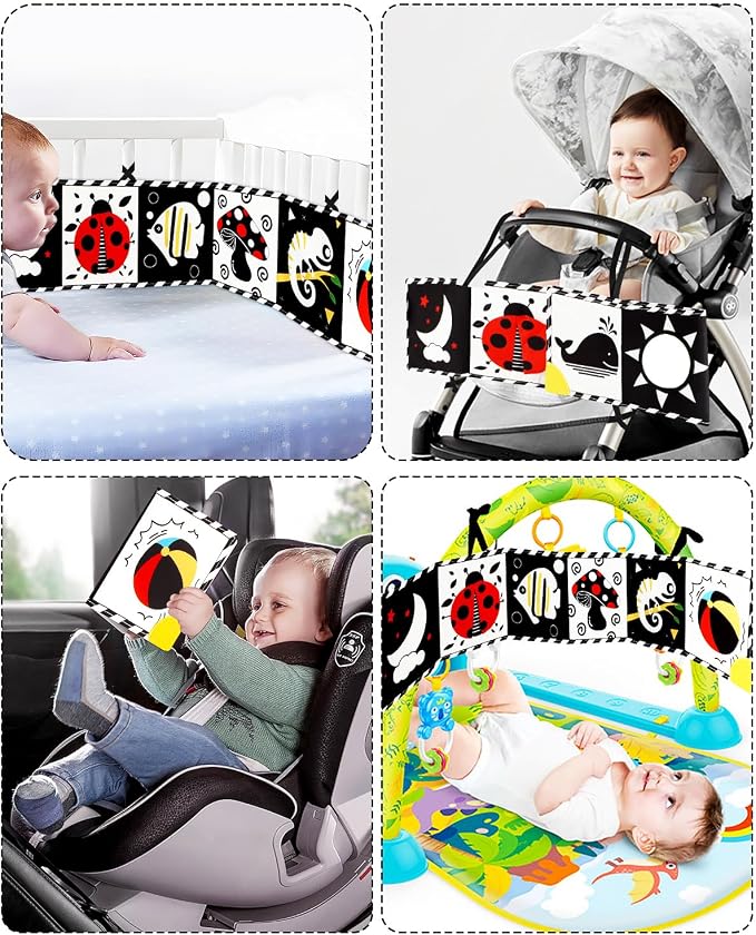 Tummy Time Toys, High Contrast Baby Book with Mirror & Teether, Black and White Infant Books, 0-6-12 Months Soft Book for Newborn, Sensory Books, Tummy Time Car Seat Toys 0-6 Month Boy Girl Gift