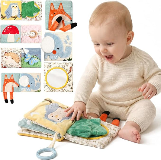 Macabaka Montessori Soft Baby Book - Sensory Book for Babies 0-12 Months with Crinkle Paper, Touch & Feel Textures, Baby Safe Mirror & Teether. Educational Infant Toys for Tummy Time, Newborn