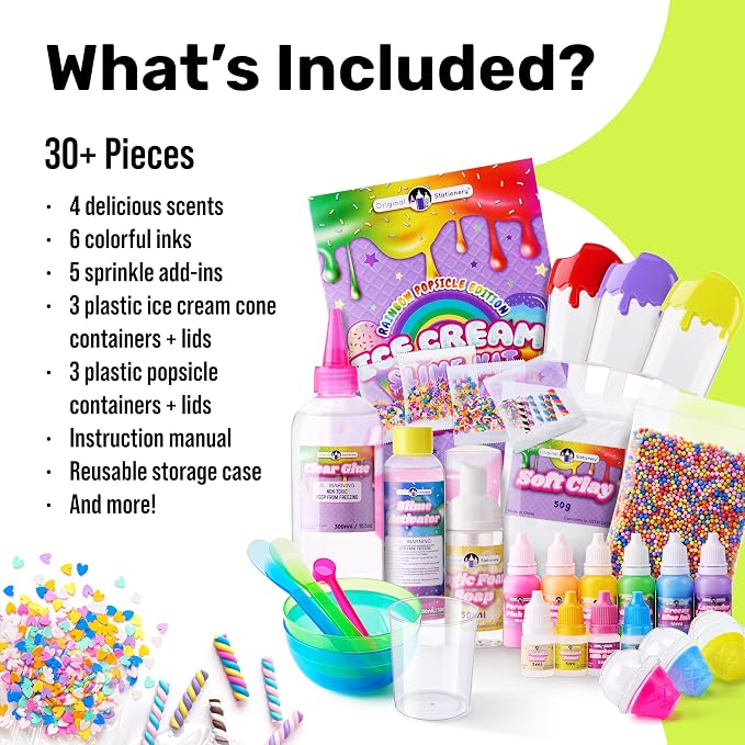 Original Stationery Ice Cream Slime Kit Rainbow Popsicle Edition – All-in-One DIY Slime Making Kit with Glue, Activator, Sprinkles, Bowls & Mixers, for Kids & Girls Creative Play