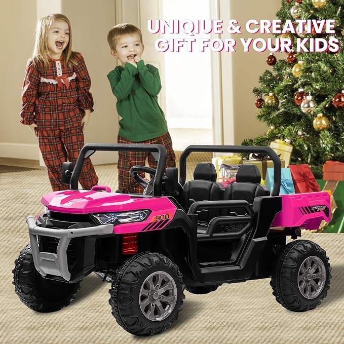 24V 4WD Ride on Truck Car w/4X200W Motor, Dump Bed, Gift Flower, 2 Seaters, Remote Control, 4 Wheeler, LED Light, Music, 24 Volt Ride on Toys for Big Kids Girls 3-8, Pink
