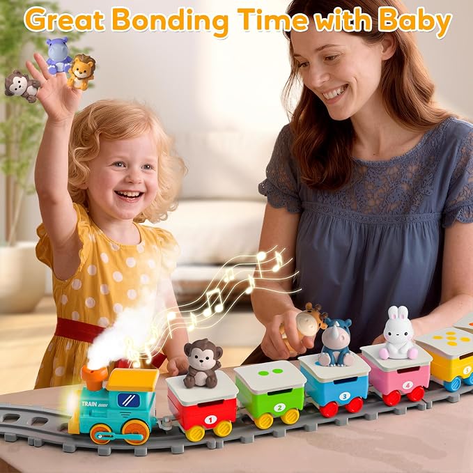 Zoo Animal Train Toys for Toddlers 2-4, Kids Electric Train Set with Music, Steam & Lights, Montessori Learning Toys with Finger Puppets, Christmas Birthday Gifts for Boys Girls Age 18 Months+