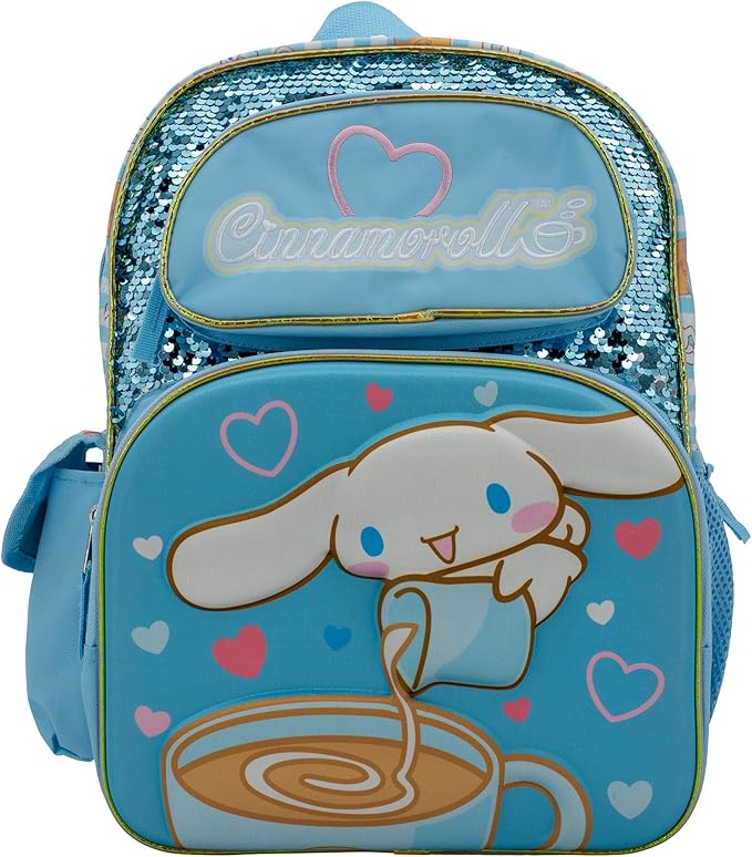AI ACCESSORY INNOVATIONS Sanrio’s Hello Kitty Backpack for Girls, 16 Inch Cinnamoroll, Kawaii School Bag with Flip Sequins & 3D Molded Front Pocket, Blue