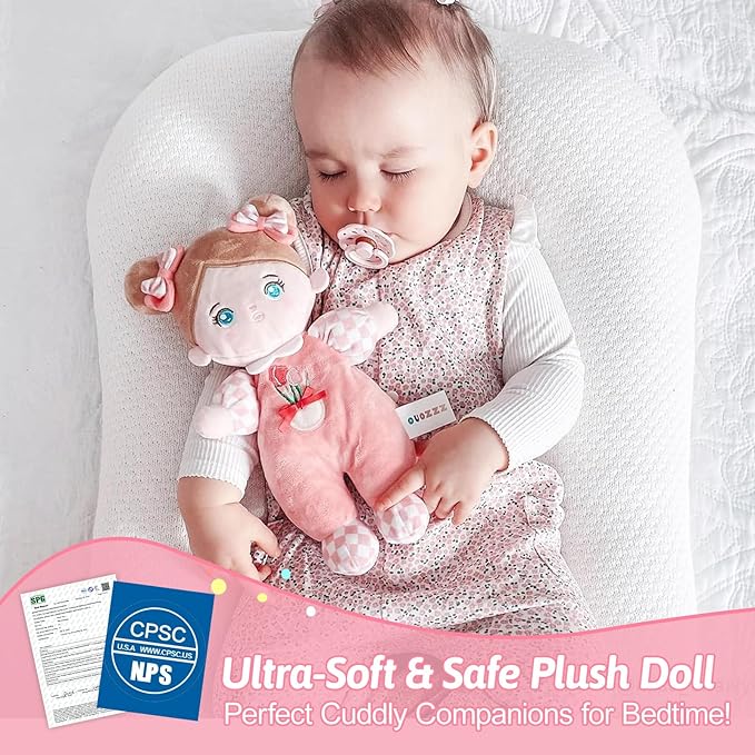 OUOZZZ Baby Doll Accessories with Soft Doll, Bassinet, Blanket and Bottle, Interactive Pretend Playset for Social Emotional Learning, Toy for 2 Year Old Girls