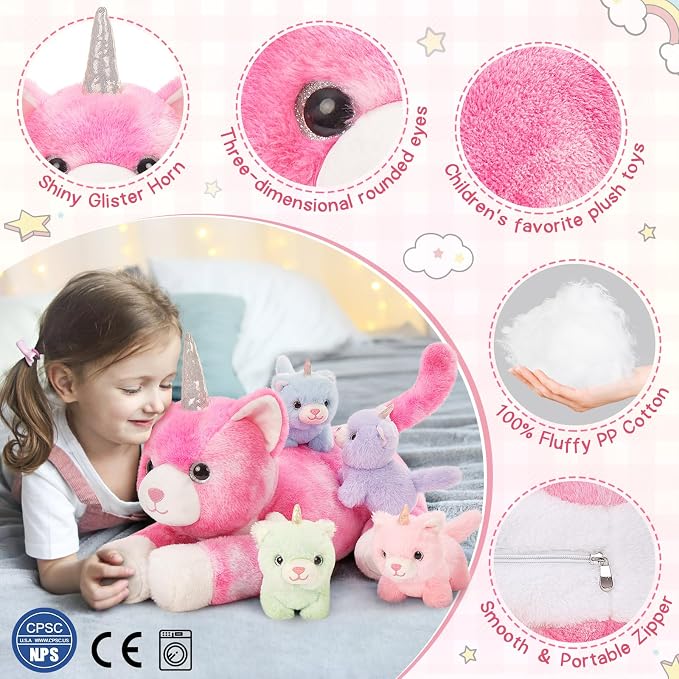 MorisMos Unicorn Cat Stuffed Animal With Kitten Babies, 24'' Caticorns, Rainbow Unicorn Cat Toys for Girl Boy Kids, Mommy Plush Cat With Baby Kitten Stuffed Animals, Kitty Cat Pillow