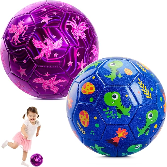INPODAK Soccer Ball Size 3 Size 2 for Toddlers Kids 1-3 3-8, 1 or 2 Pack Cartoon Small Dinosaur Unicorn Soccer Ball Gifts for Girls Boys, Indoor Outdoor Sports Play Toys Birthday Gifts with Pump