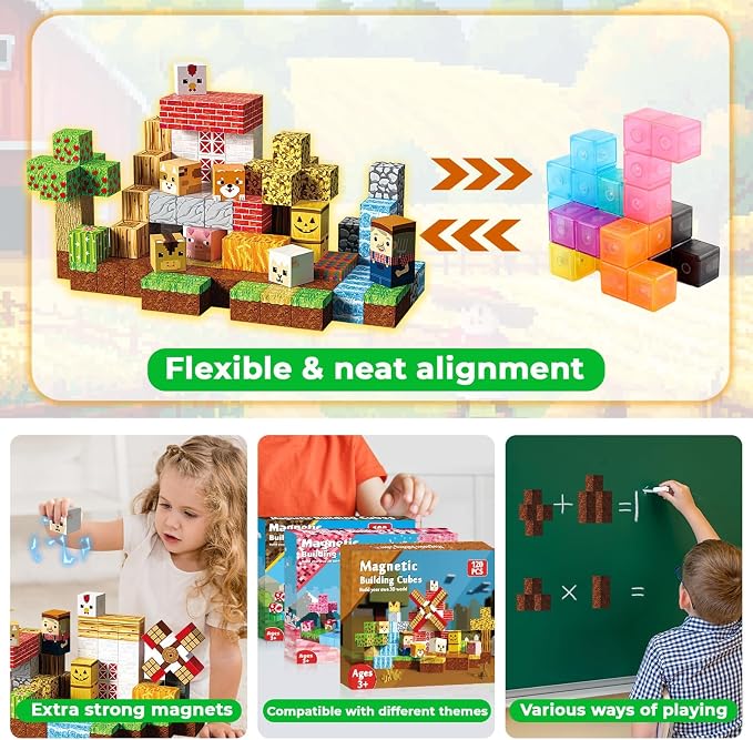 GraceDuck 120 PCS Magnetic Blocks - Magnetic Building Blocks, Magnetic Farm Animal Homes Stacking Magnets for Kids, STEM Montessori Sensory Toys for Kids 3+ Boys and Girls Christmas Birthday Gifts