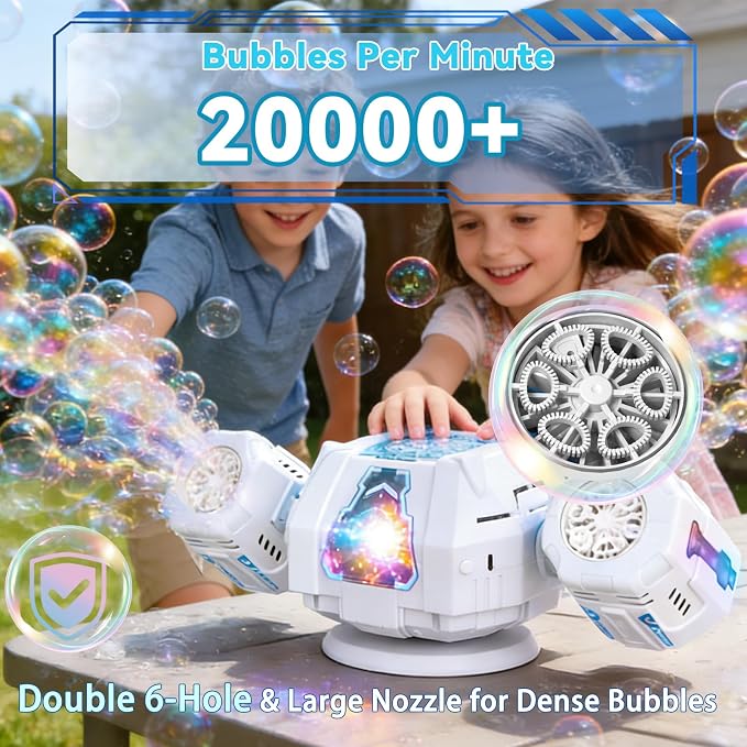 Upgraded Mecha Style Bubble Machine, Rechargeable Type-C Powered Bubble Blower with Remote Control, 360° Automatic Rotation & RGB Lights, 35k+ Bubbles/Min, Bubbles for Kids, Parties, Weddings, Outdoor