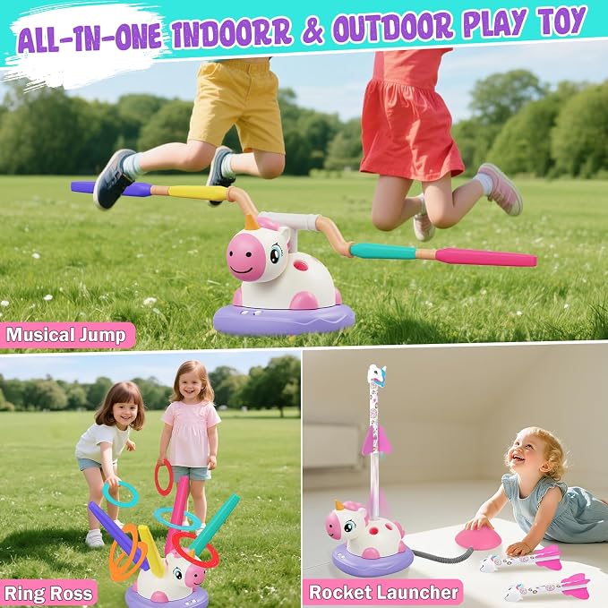 Unicorn Stomp Rocket Launcher for Kids Ages 3-8, 3-in-1 Outdoor Toys for Girls with Musical Jumping Game, Ring Toss, Remote Control, Birthday Gift for Screen-Free Active Backyard Outdoor Play