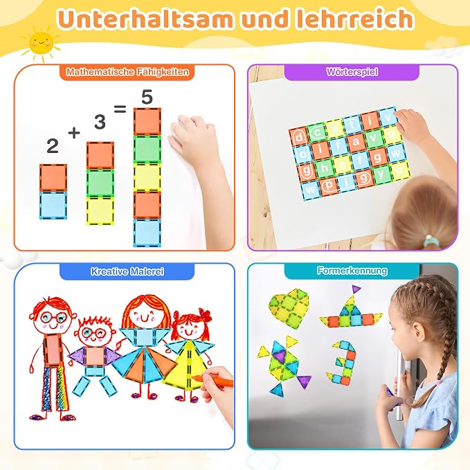 Magnetic Tiles 125PCS Magnetic Building Blocks Set 3D Magnet Tiles with 2 Cars STEM Educational Learning Construction Toys Kids Birthday Gifts for Preschool Toddler Boys Girls 3 4 5 6 7 8 9 + Year Old