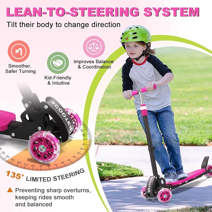 Scooter for Kids 3-5 5-7,Light up 3 Wheels Kick Scooter,Heavy Duty Folding Lean-to-Steer Scooters with 3 Adjustable Handlebar for Boys Girls,Widen Anti-Slip Deck,Rear Break,Holds up to 150Lbs