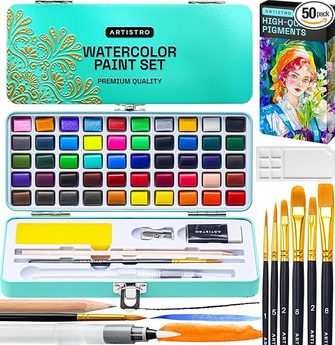 ARTISTRO 50 Color Watercolor Paint Set - Portable Paint Art Kit with Palette and Brush Pens - Travel Water Color Set for Adults, Professionals, Kids - Art and Painting Supplies - Gift Idea