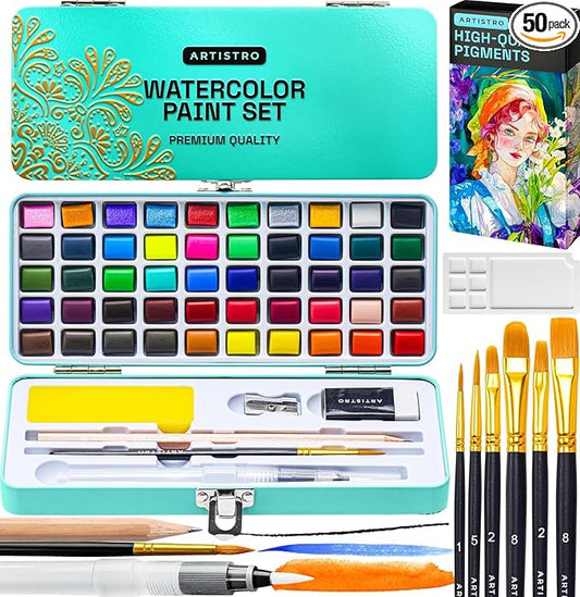 ARTISTRO 50 Color Watercolor Paint Set - Portable Paint Art Kit with Palette and Brush Pens - Travel Water Color Set for Adults, Professionals, Kids - Art and Painting Supplies - Gift Idea