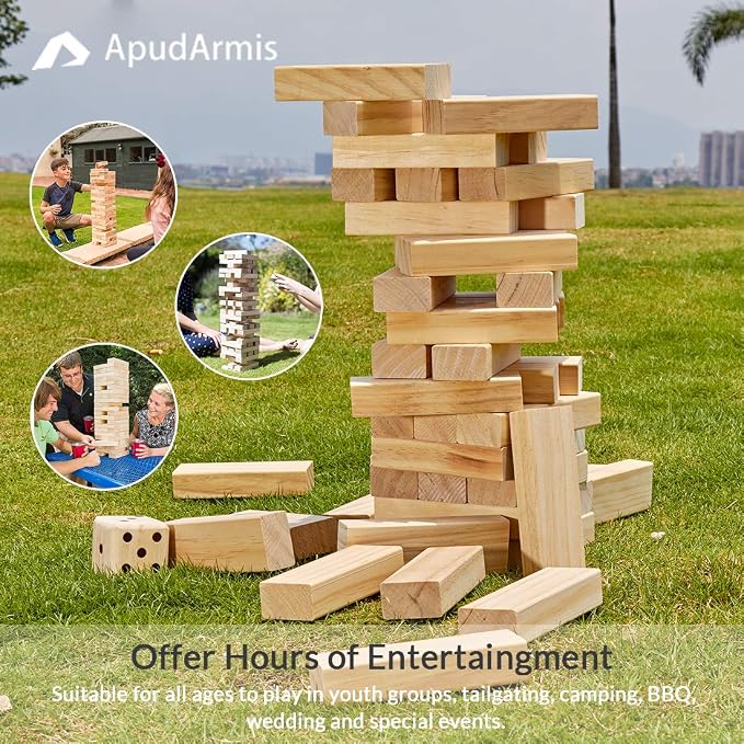 ApudArmis 60 PCS Tumble Tower, (Stack up to 5Ft) Pine Wooden Stacking Timber Game with 1 Dice Set - Classic Block Outdoor Game for Teens Adults Family