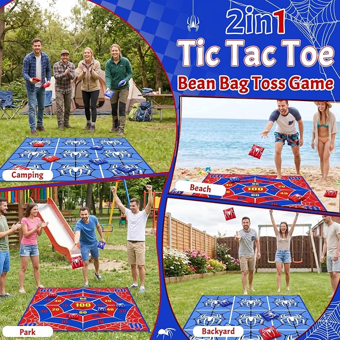 2-in-1 Giant Tic Tac Toe Game Bean Bag Toss Outdoor Games, 4.5FT Spider Tic Tac Toe Game with 10 Pcs Bean Bags, Outside Games for Adults and Family Lawn Yard Carnival Field Day Camping Party