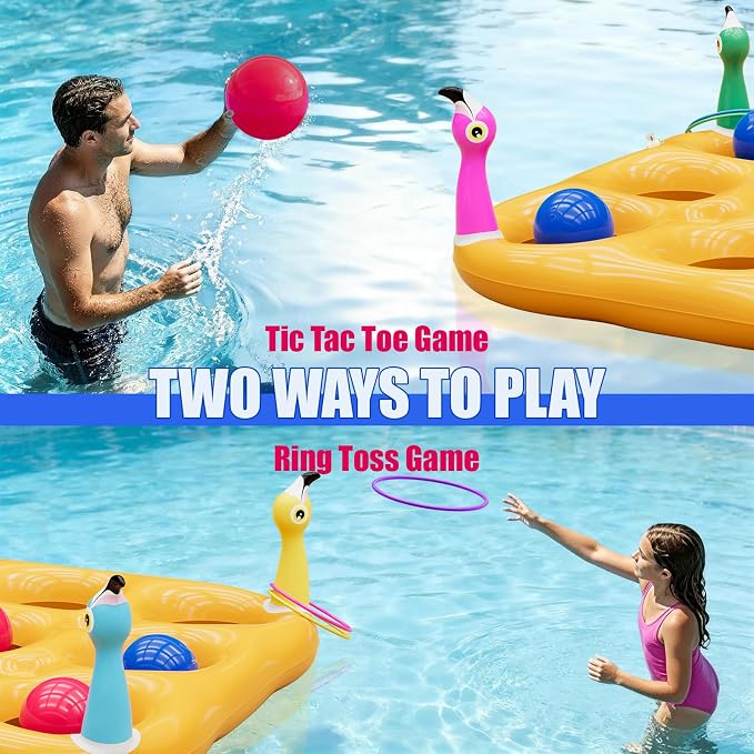 Flamingo Pool Toys Games Set, 2-in-1 Giant Inflatable Tic Tac Toe Float Game & Ring Toss Game with 10 Balls & 6 Rings, Outdoor Summer Fun Beach Yard Swimming Pool Games for Adults Teens Kids 6+