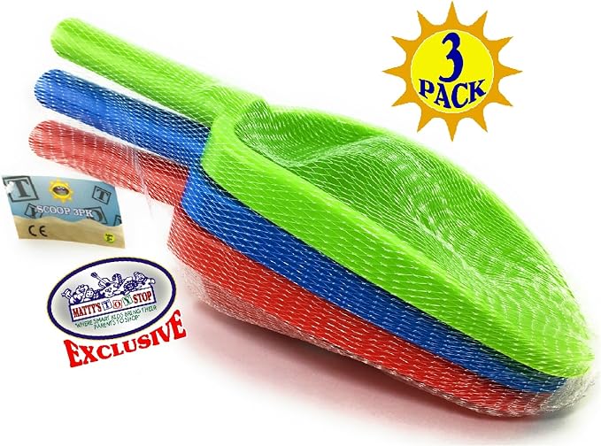 Matty's Toy Stop Kids Sand Shovels for Beach & Sandbox – 3 Pack 14" Long Handle Plastic Sand Scoops, Red Blue Green, Outdoor Beach Toys for Boys & Girls