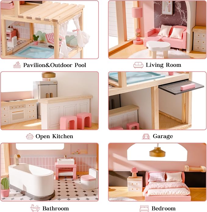 ROBUD Doll House, Wooden Dollhouse with 6 Rooms, 29-pcs Furniture Set, Working Elevator, Garage, Swimming Pool, Ideal Gift for Kids Ages 3+ (Black)