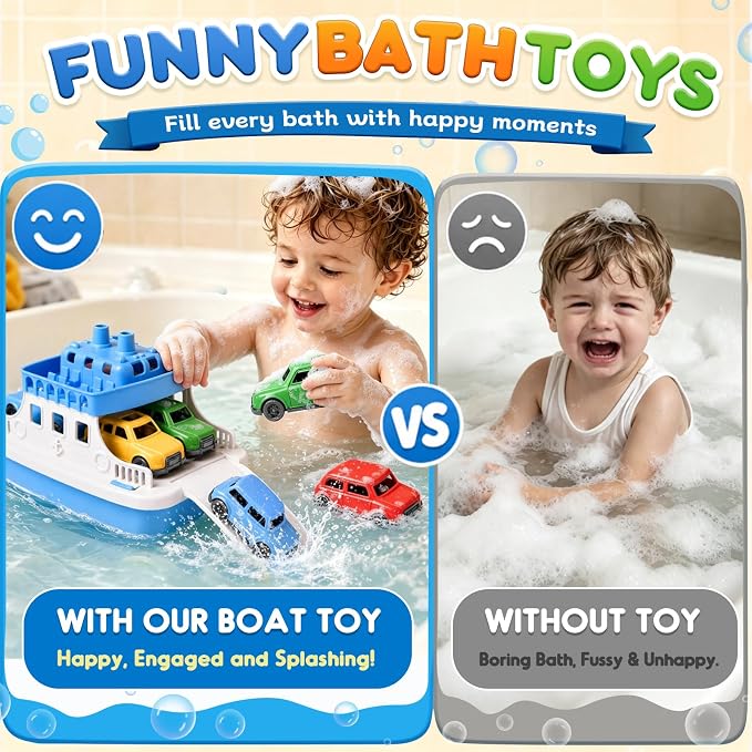 Toy Boat Bath Toys for Toddlers with 4 Mini Car Toys, Kids Water Toys Ferry Boat for Bathtub Bathroom Pool Beach Toys, Birthday Gifts