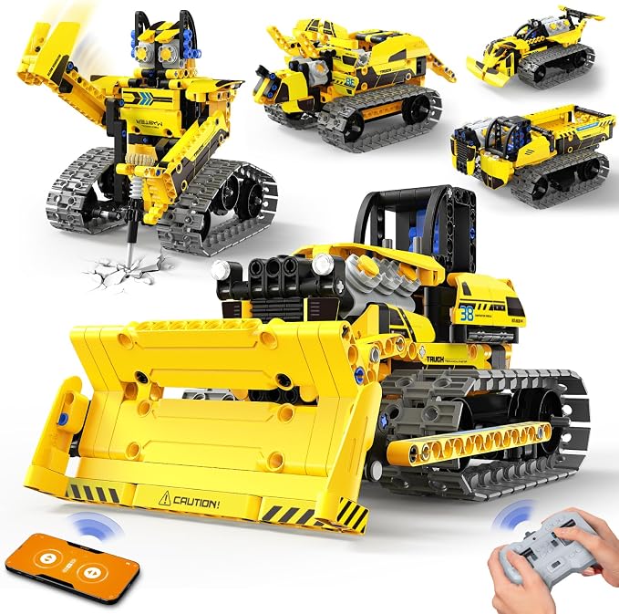 LECPOP 5 in 1 STEM Robot Toy Building Kit, 452 PCS Blocks App & Remote Control Engineering Toys Robotics for Kids Ages 8-12, RC Bulldozer Erector Sets for Boys Girls 6 7 9 10 11 13 14+ Birthday Gifts