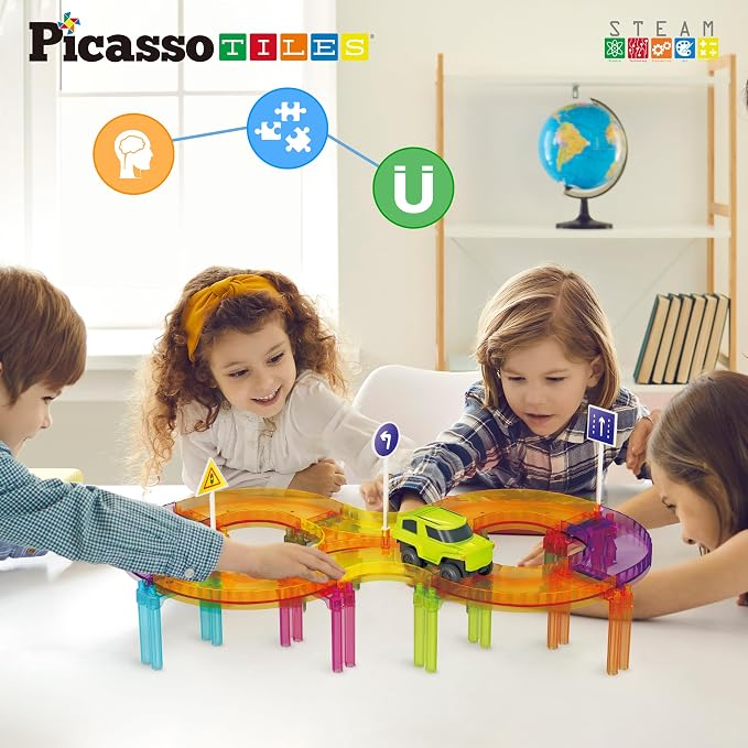 PicassoTiles Race Car Track Magnetic Tiles Travel Toy Sensory Magnet Tile Toys for Toddlers STEM Educational Learning Montessori Play Construction Building Blocks Kids Boys Girls Ages 3+ PTMR40