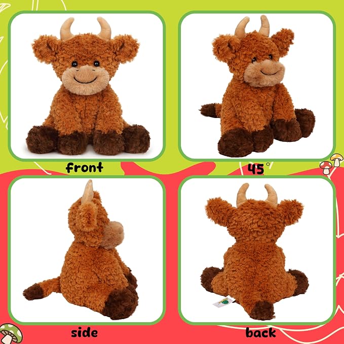 Hopearl Adorable Plush Highland Cow Toy Floppy Soft Kawaii Stuffed Animal Cute Birthday Holiday Gift for Boys Girls Kids Toddlers, Brown, 10''