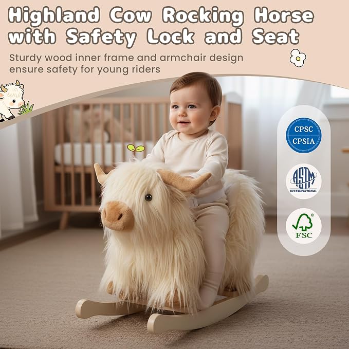Baby Rocking Horse,Highlander Cattle Rocking Toy for 1+ Year Old Boys and Girls Rocking Horse for Kids Room Nursery Birthday Party Shower Gift Wood Animal Rocker French Design 3-Side Seat PP Cotton