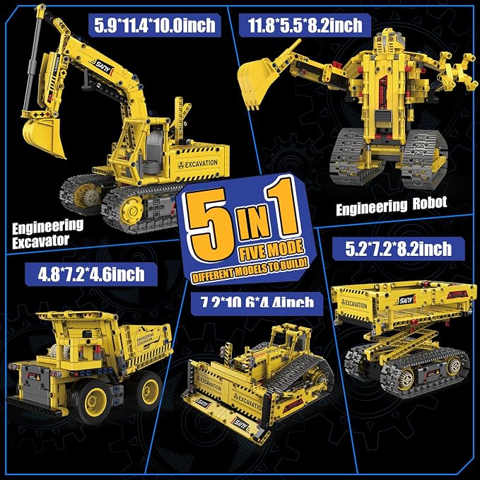 5-in-1 STEM Building Toys, Remote Control Excavator Robotics Kit, 555 PCS DIY Engineering Construction Set, Educational Science Building Blocks Gift for Kids Boys Girls Ages 6-16