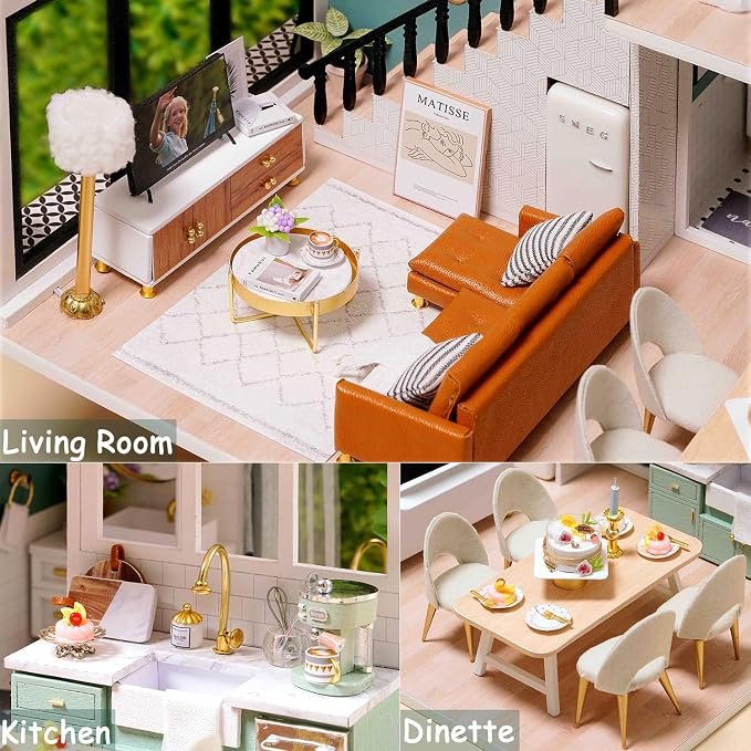 TuKIIE DIY Miniature Dollhouse Kit with Furniture, 1:24 Scale Creative Room Mini Wooden Doll House Accessories Plus Dust Proof & Music Movement for Kids Teens Adults(Comfortable Life)