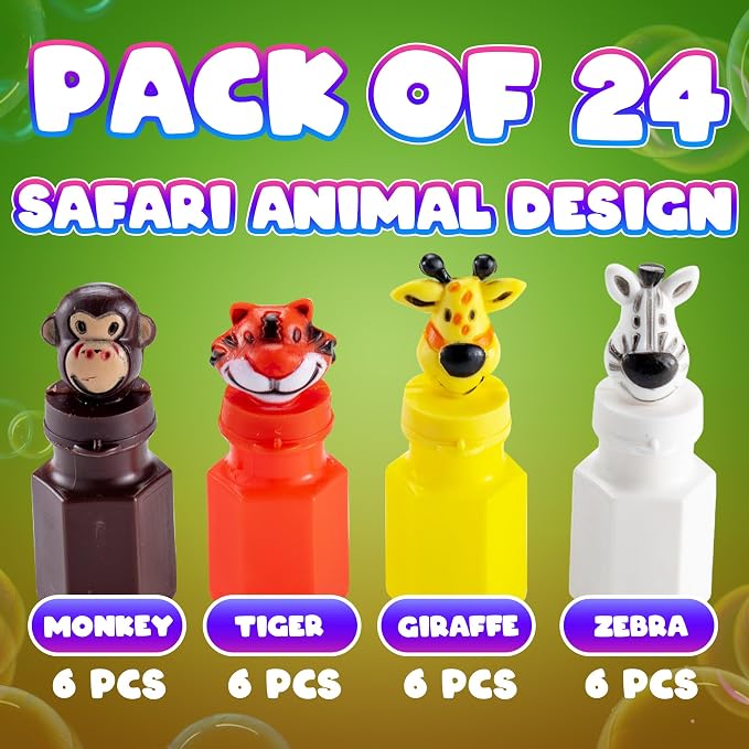 Bulk Safari Animal Bubbles for Kids - (Pack of 24) Mini Safari Bubble Bottles with Wands and Assorted Jungle Zoo Characters, Baby Showers, Themed Birthday Party Favors, Goody Bag Toys for Kids