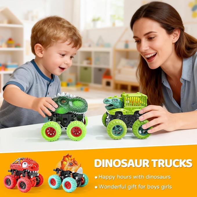 Beestech Dinosaur Toys for 2 3 4 5 Year Old Boys, Push & Pull Friction Powered Dinosaur Monster Truck Vehicles for Toddlers Preschoolers Birthday Gifts