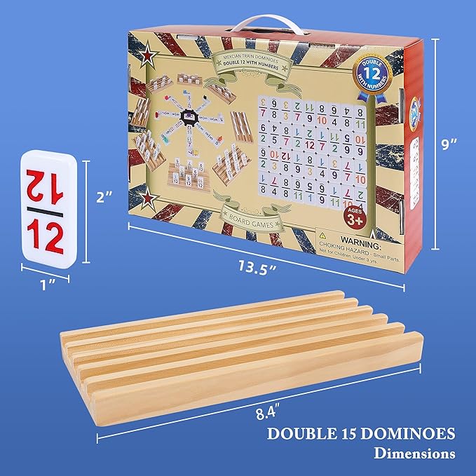 Mexican Train Dominoes Set Double 12 with Numbers, Dominoes Set for Adults and Family, Mexican Train Double 12 Numbers Dominos Set - 91 Tiles, 9 Trains, 8PCS Wooden Holders, Hub, Instruction