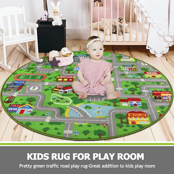 Capslpad Green Car Road Kid Rug Carpet Playmat for Playoom Traffic Road Kids Play Mat for Toddler Non Slip Washable City Map Race Track Carpet Rug for Kids Room Bedroom Nursery Room Decor,4'x4'