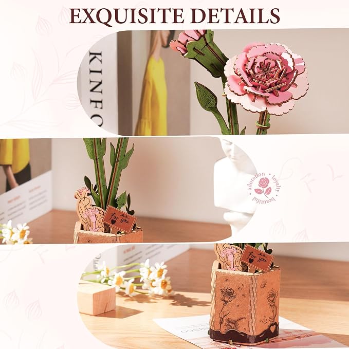 ROBOTIME 3D Pink Carnation Wood Flower Puzzle Kit TW051, DIY Artificial Table Centerpiece for Home Decor, Mother's Day, Birthday Gift for Mom and Women