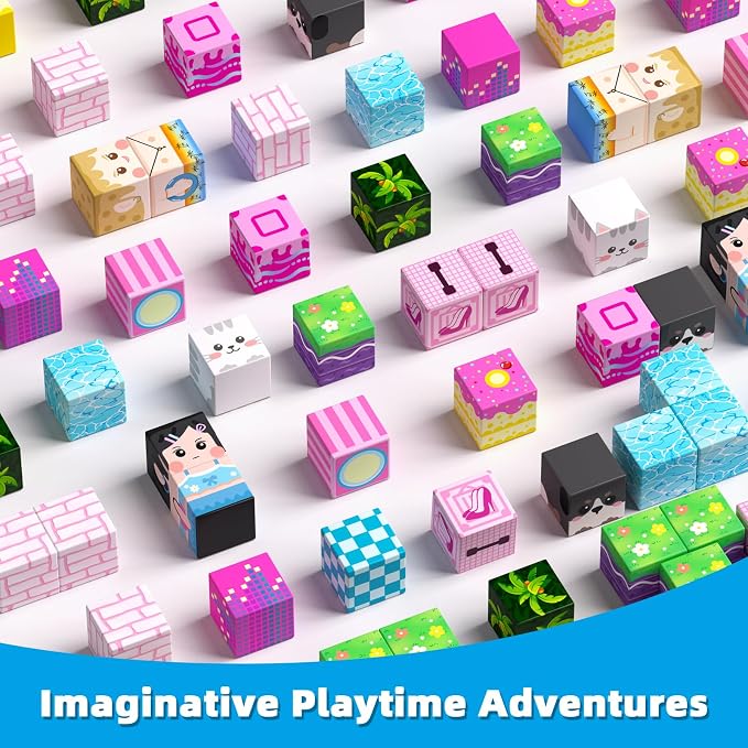 Magnetic Blocks, 48PCS Magnetic Building Cube Set for Kids Ages 3+, Constructions STEM Stacking Tiles Toy Building Birthday Gifts for Girls