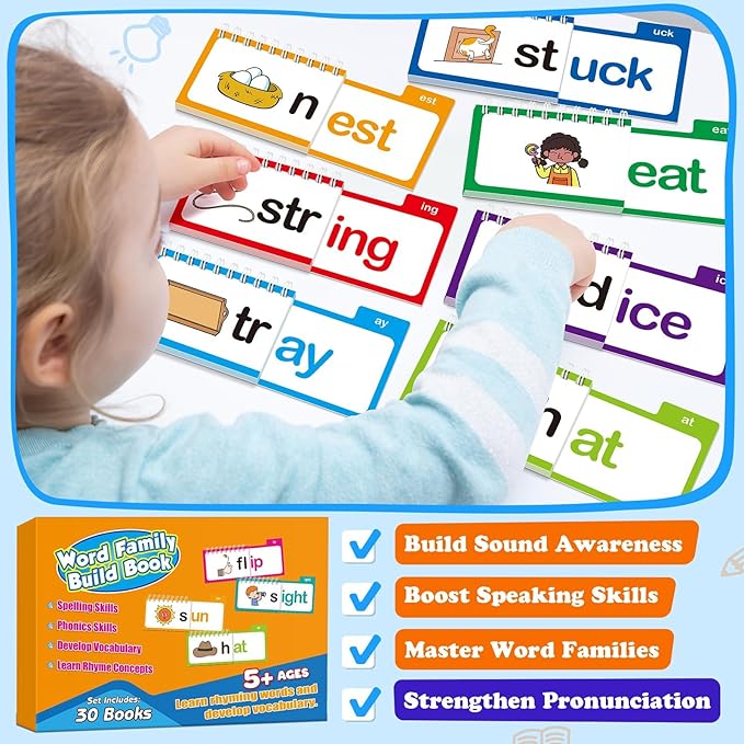 Word Family Build Book Phonics Flash Cards, 30 Read and Rhyme Flip Books, Sight Words Flash Cards Kindergarten, Learn to Read Flip Books for Kids Homeschool Preschool Classroom Must Haves