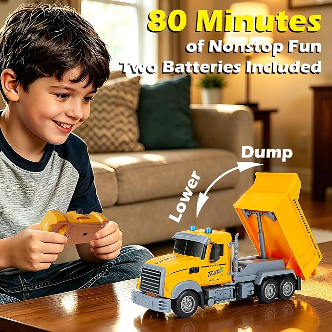 VGY Remote Control Dump Truck Toys for Boys, 2.4GHz RC Dump Truck with Mute Function & 80min Playtime, Liftable Dump Bed, Construction Toys for Kids Age 3-5 4-7 8-12 Year Old Birthday Gift
