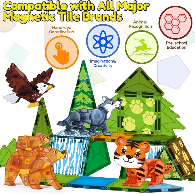 Oriate Magnet Wild Animals for Magnetic Tiles, 5pcs Movable Joints Zoo Animals for Magnetic Blocks, Animal Toys Compatible with Magnetiles, Educational Magnetic Building Tiles for Kids magnitiles