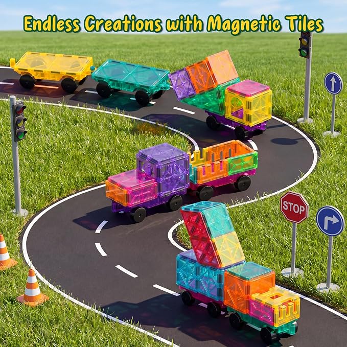 BAMG Magnetic Tiles Car Building Kit, 4 PCS Magnet Construction Trucks, STEM Educational Toys for Kids Ages 3-8, Engineering Vehicle Building Set, Sensory Learning Gifts for Toddlers Boys Girls
