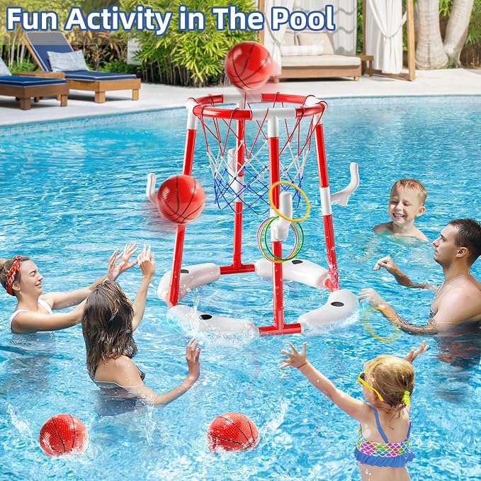 JUKUDAHU Swimming Pool Basketball Hoop Toy for Kids 2 3 4 5 6 Years Old - Floating Pool Basketball Game Toys with 4 Balls Air-Pump, Outdoor Play, Poolside Summer Water for Boys Girls Age 4-8-12 (Red)