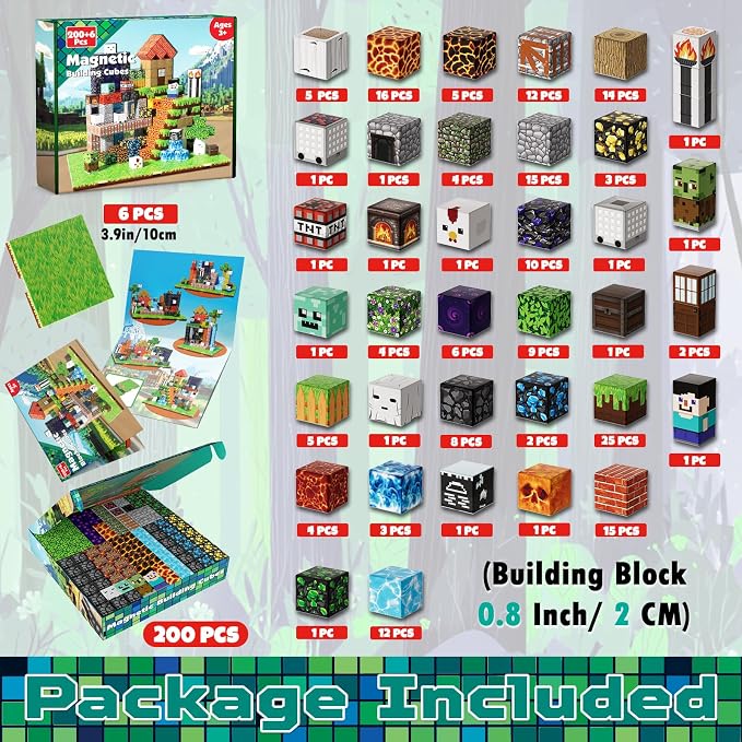 200PCS Magnetic Blocks - Magnetic Blocks with 6 Base Plate, Magnetic Building Blocks for Kids Ages 4 5 6 7 8, Stacking Magnets, Birthday Gifts for 3-8 Year Old Boy Girls